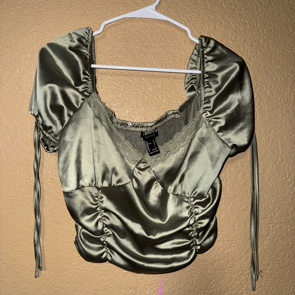 Forever 21 Satin Puff Sleeve Blouse in Olive